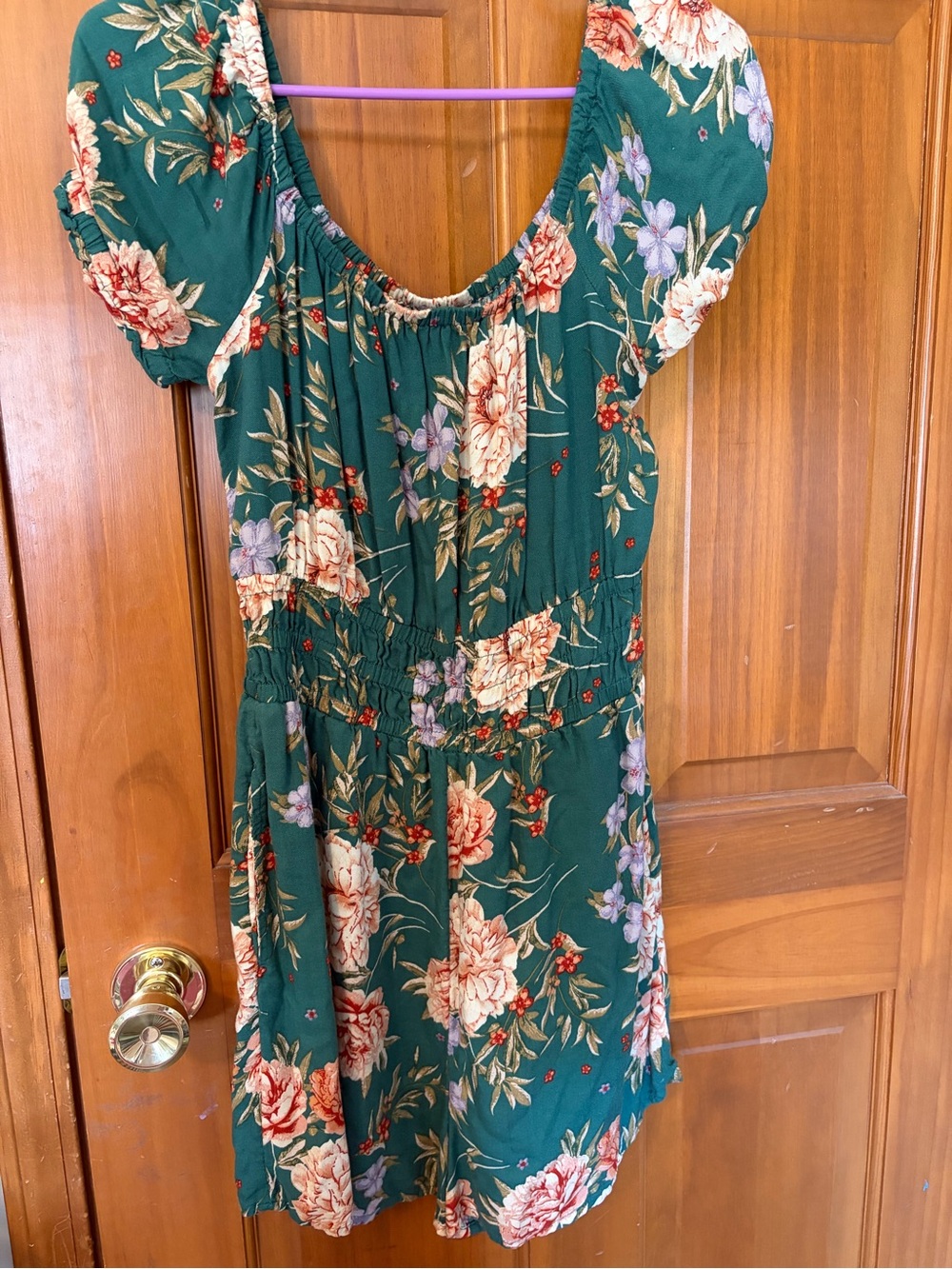 American Eagle Outfitters Green Floral Puff-Sleeve Jumpsuit Romper